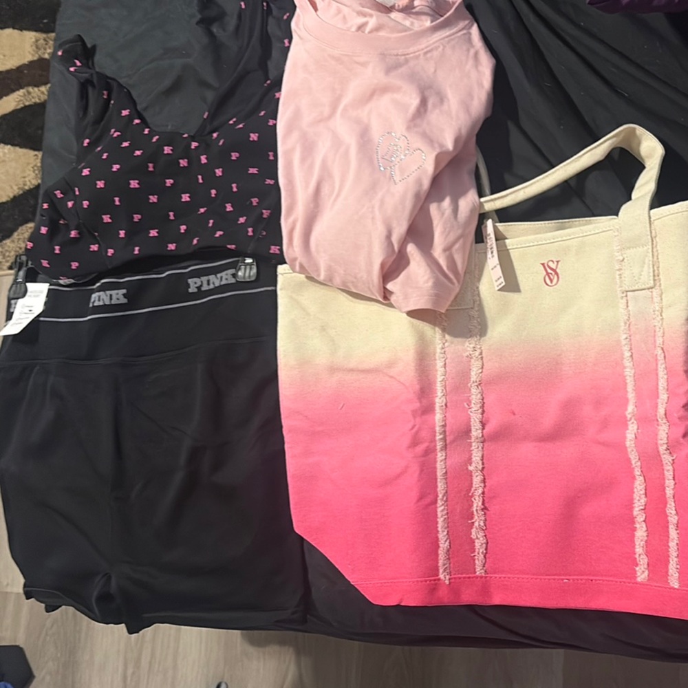 PINK BUNDLE SPORTS BRA, bling tee, seamless biker shorts and ombré tote ALL NEW